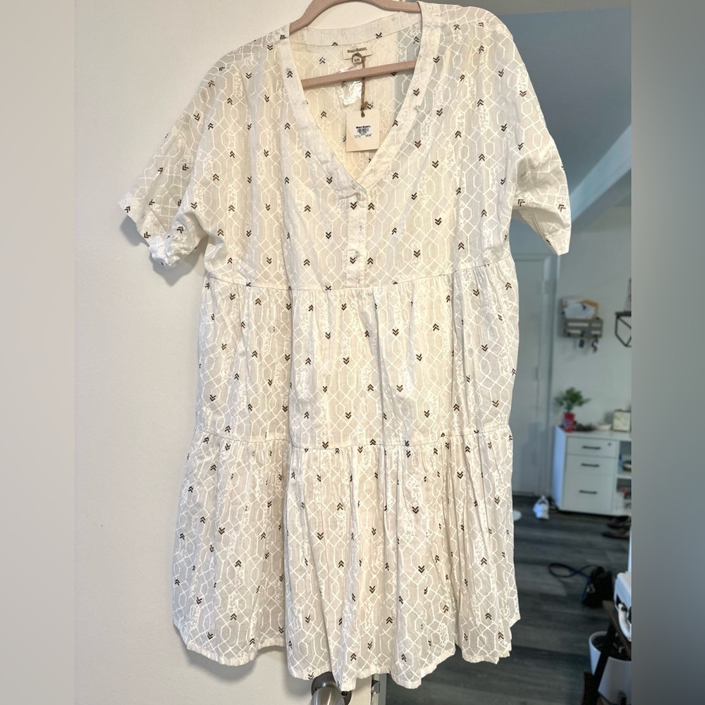 World Market Cream and Brown Patterned V-Neck Top